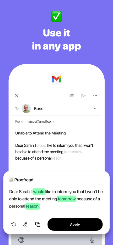 TextAI - AI Texting Assistant - TextAI proofreading an email in Gmail to correct grammar and spelling errors