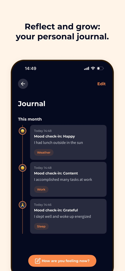 명상 순간 앱 개인 일지 화면: 행복과 감사에 대한 일일 기분 체크인 표시