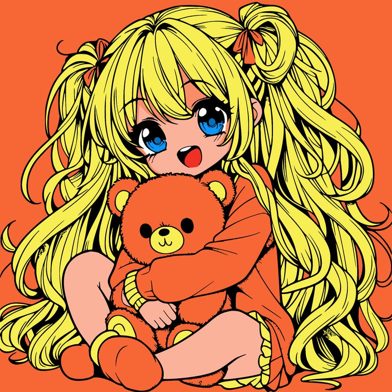 manga girl, long curly hair, happy, cuddling a teddy bear