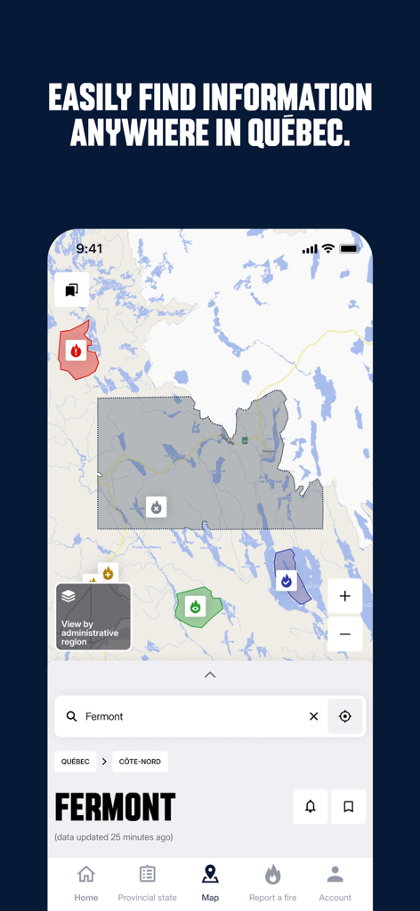 Mobile app interface of La SOPFEU showing an interactive map with forest fire status across Quebec.