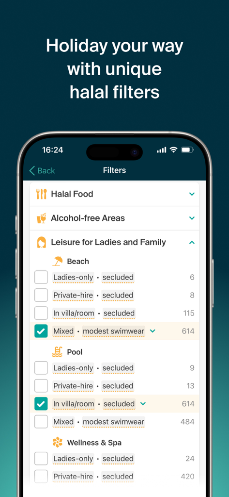 Halalbooking: Hotels worldwide - Halalbooking app screenshot showing search filters for halal food and ladies-only leisure facilities