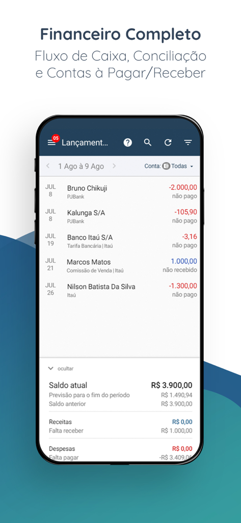 Financial management screen of the Imobzi CRM app displaying cash flow and transaction history for real estate professionals.