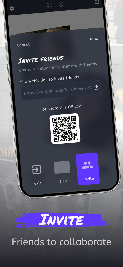 JamWall: Live collage - JamWall app interface showing the invite friends screen with a shareable link and QR code for real-time collaboration.