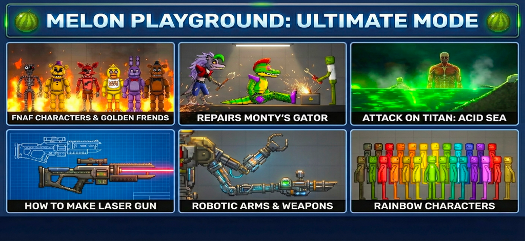 Mega Mods For Melon Playground - A variety of mods for Melon Playground featuring popular characters and custom weapons