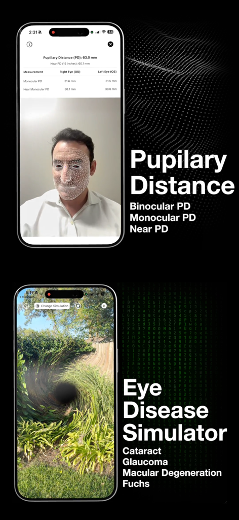 My Call Bag: Ophthalmology App - Recursos do aplicativo My Call Bag, incluindo medição da distância pupilar e simulação de doenças oculares