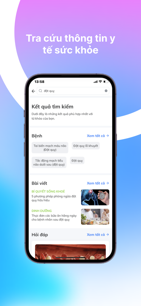 eDoctor - Know Your Health - eDoctor mobile app interface showing search results for medical information and articles about stroke in Vietnamese.