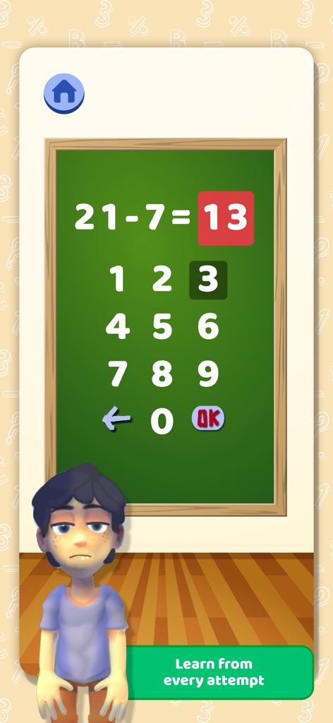 Math Games - 4 Operations - Subtraction exercise on a virtual blackboard in the Math Games app.