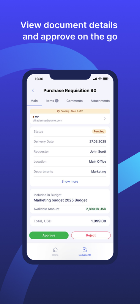 Precoro - Purchase requisition details on the Precoro app with approve and reject buttons