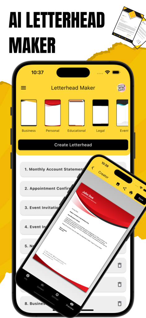 AI Letterhead Maker App - AI Letterhead Maker mobile app interface showing professional document templates for business and personal use