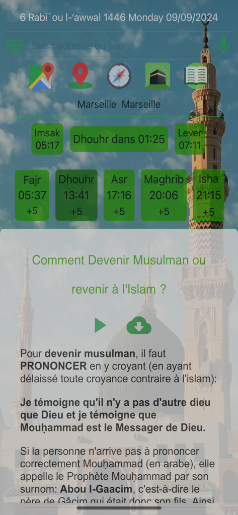 Islam.ms Prayer Times & Qibla - Interface of the Islam.ms app showing prayer times and Islamic guidance in French