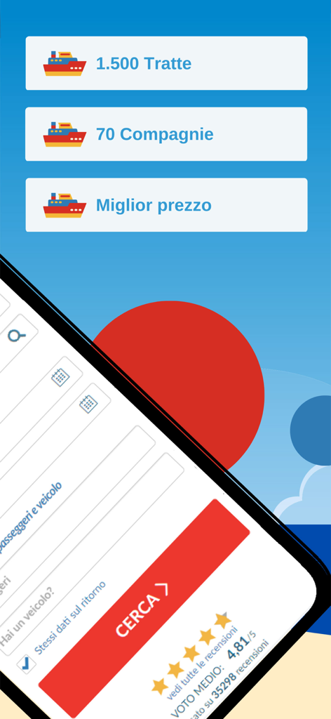 Traghettilines - Traghettilines app interface showing ferry route search and 1500 routes available
