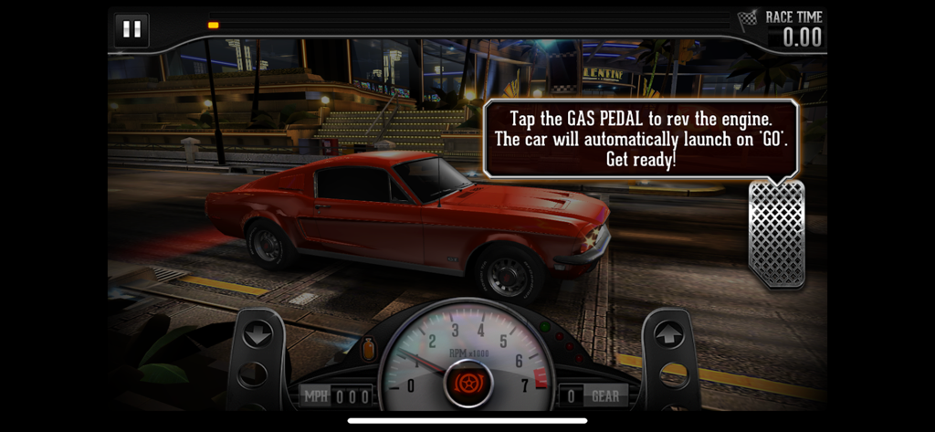 CSR Classics - Un coche muscle clásico rojo en la línea de salida de una carrera de aceleración con instrucciones tutoriales