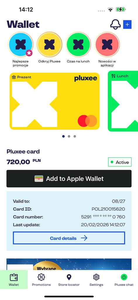 Pluxee Polska - Interfaz móvil de la aplicación Pluxee Polska que muestra la cartera digital con el saldo de la tarjeta y los detalles de la tarjeta de regalo.
