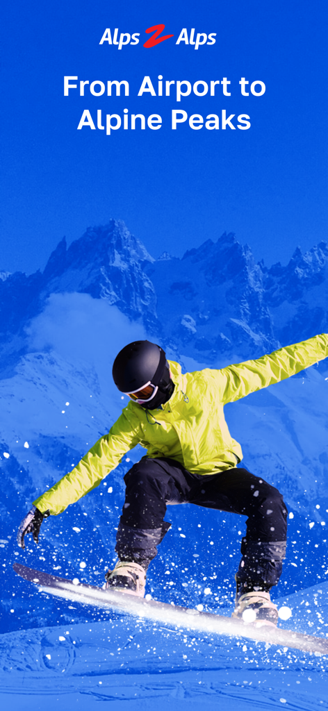 Ein Snowboarder springt vor schneebedeckten Berggipfeln mit dem Slogan Vom Flughafen zu alpinen Gipfeln.