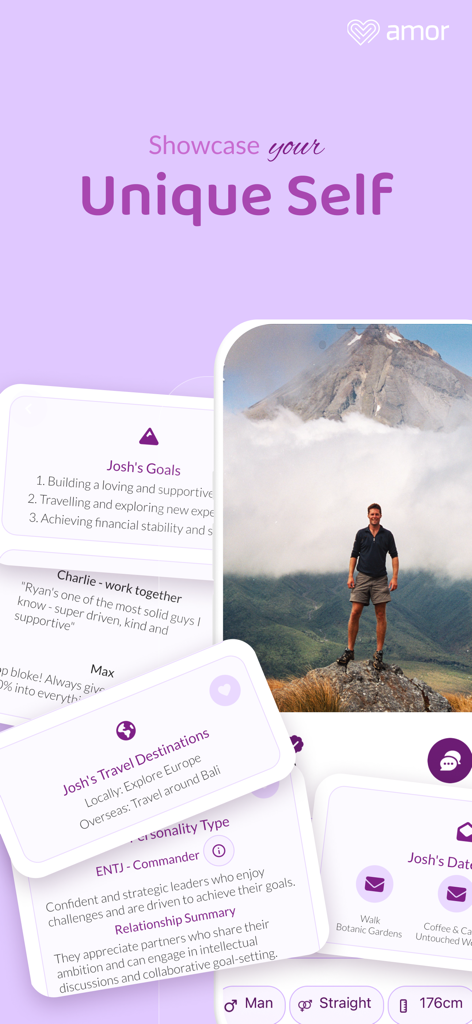 Amor Dating & Matchmaking - Amor dating app user profile interface displaying personal goals personality type and travel preferences