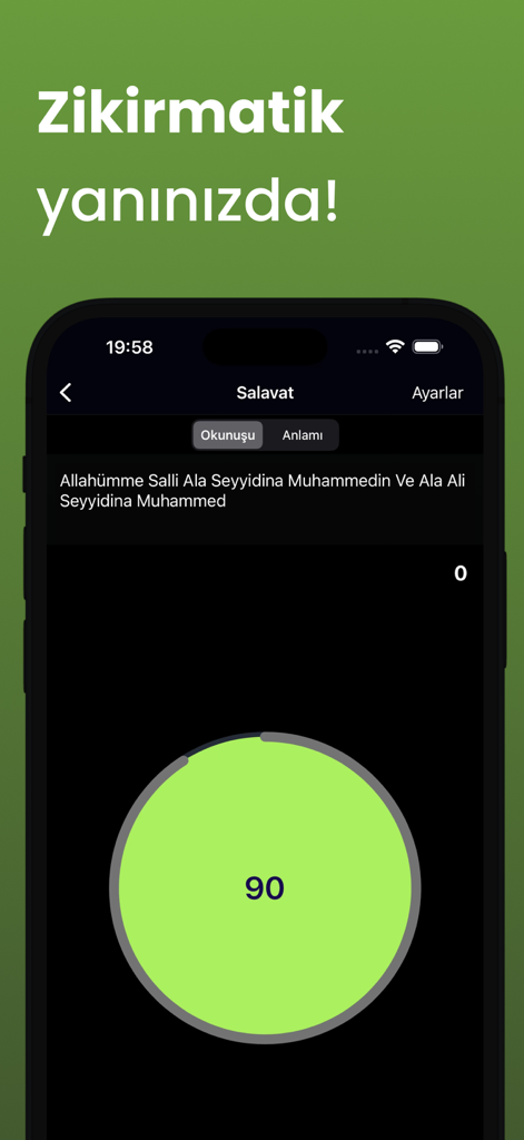 Zikirmatik app interface showing a digital tasbih counter for Salavat prayer