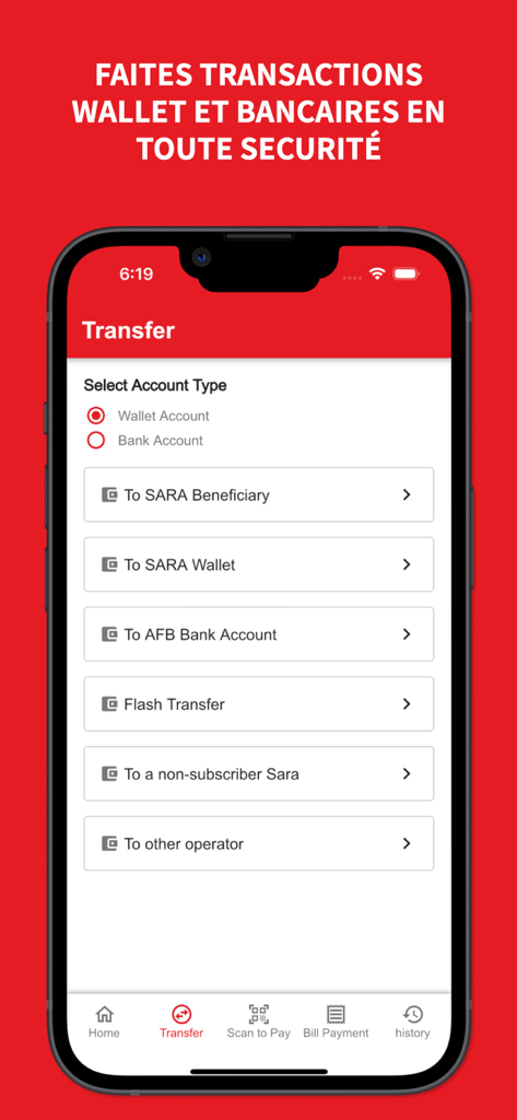 Écran de transfert de l'application SARA by Afriland Cameroon affichant diverses options de transfert vers des portefeuilles et des comptes bancaires