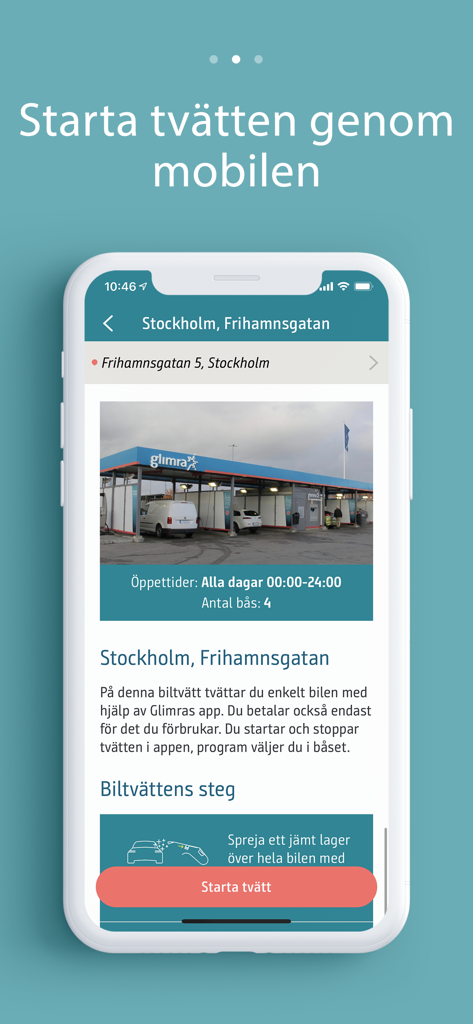 Glimra - Mobile application screen for Glimra showing a self-service car wash location and a start wash button