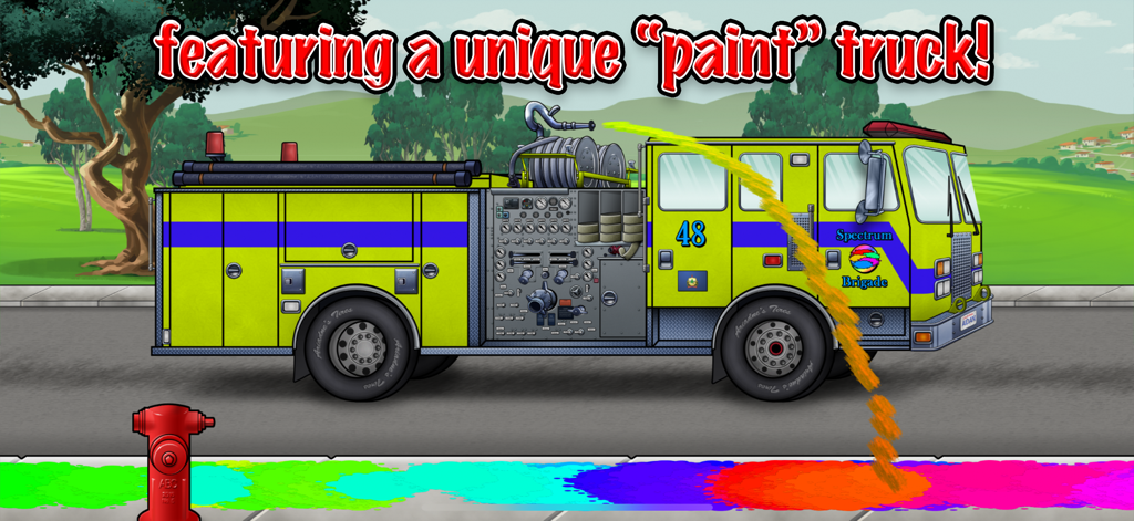 Fire Truck! - A yellow fire truck spraying a rainbow of colors on a sidewalk next to a fire hydrant with text saying featuring a unique paint truck