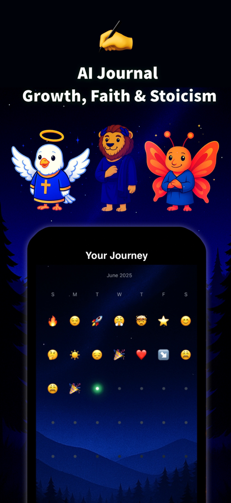 GlowArc app interface showing AI character guides for growth and faith above an emotional journey calendar with mood emojis.