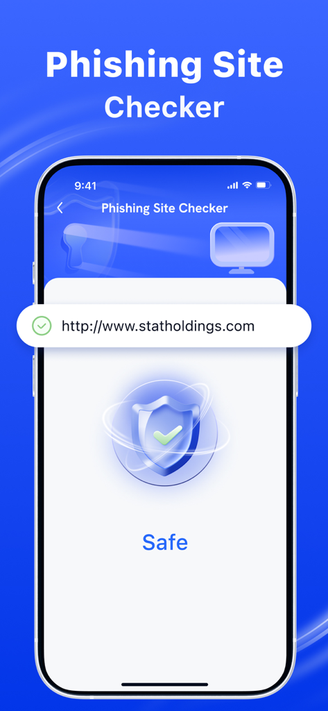 Una pantalla de iPhone mostrando la función Verificador de Sitios de Phishing que indica que un sitio web es seguro con una marca de verificación verde y un icono de escudo.