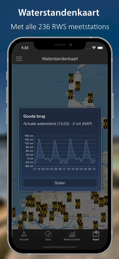 Interactive map of water level measurement stations in the Netherlands with a detailed tide graph for Gouda bridge.