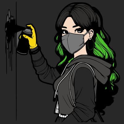 realistic girl with mask spray painting a wall