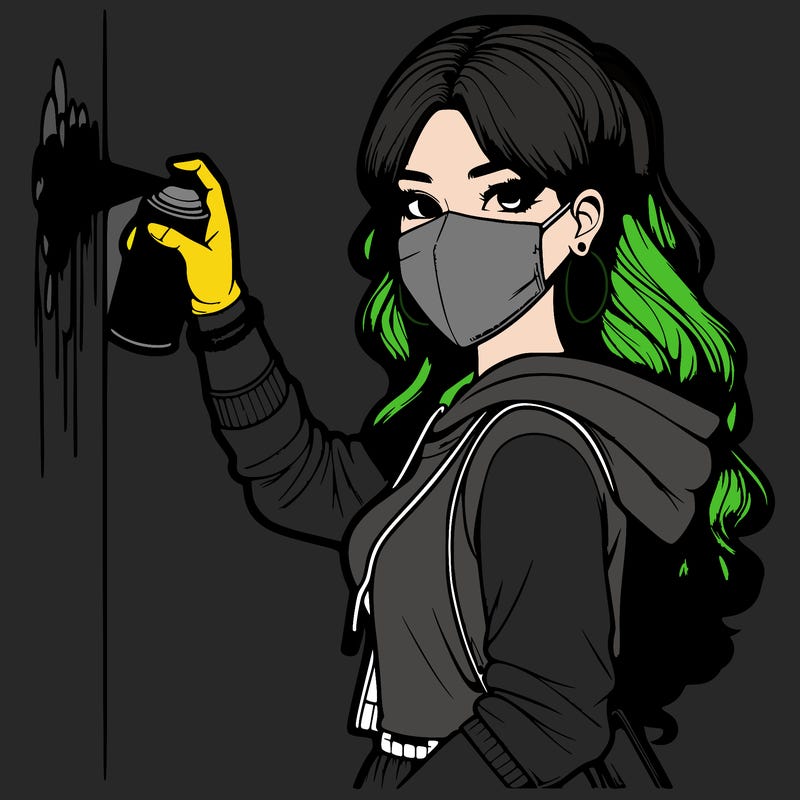 realistic girl with mask spray painting a wall