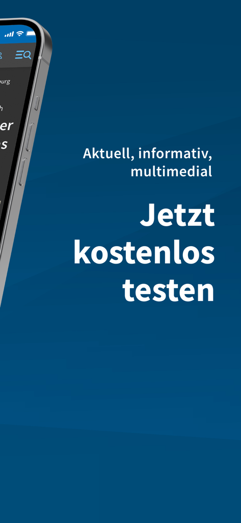 Main-Echo - Pantalla de promoción de la aplicación de noticias locales Main-Echo con texto que ofrece una prueba gratuita en alemán