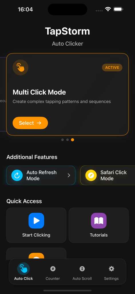 Auto Clicker Assistant TapStom - Main interface of TapStorm app showing multi click mode and auto refresh settings