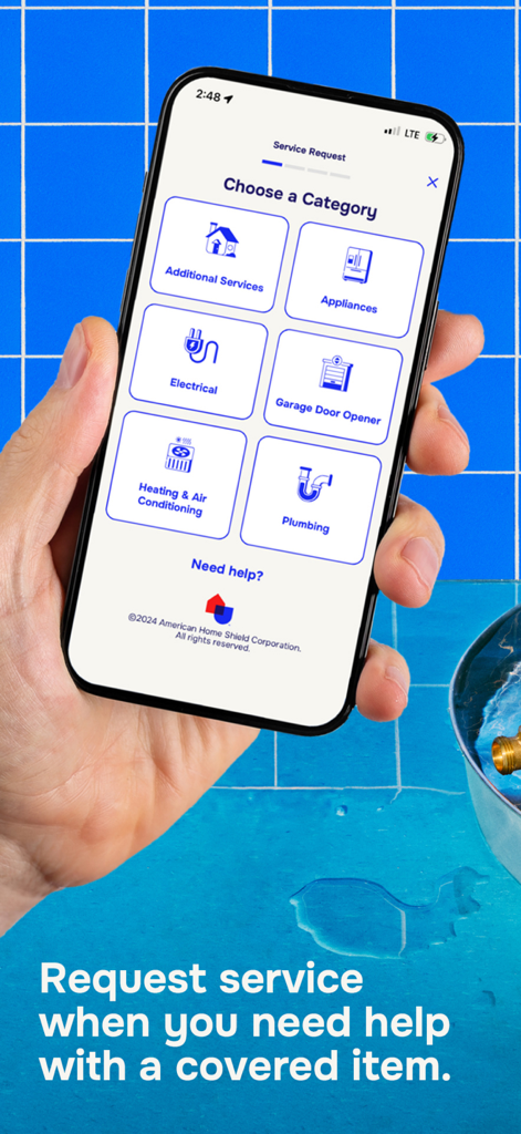 A smartphone screen displaying the American Home Shield app service request categories