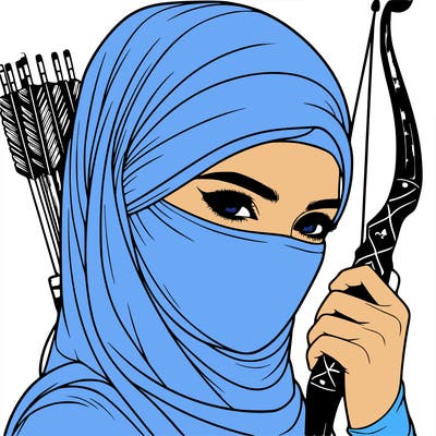 realistic muslim woman face covered holding a bow and arrows