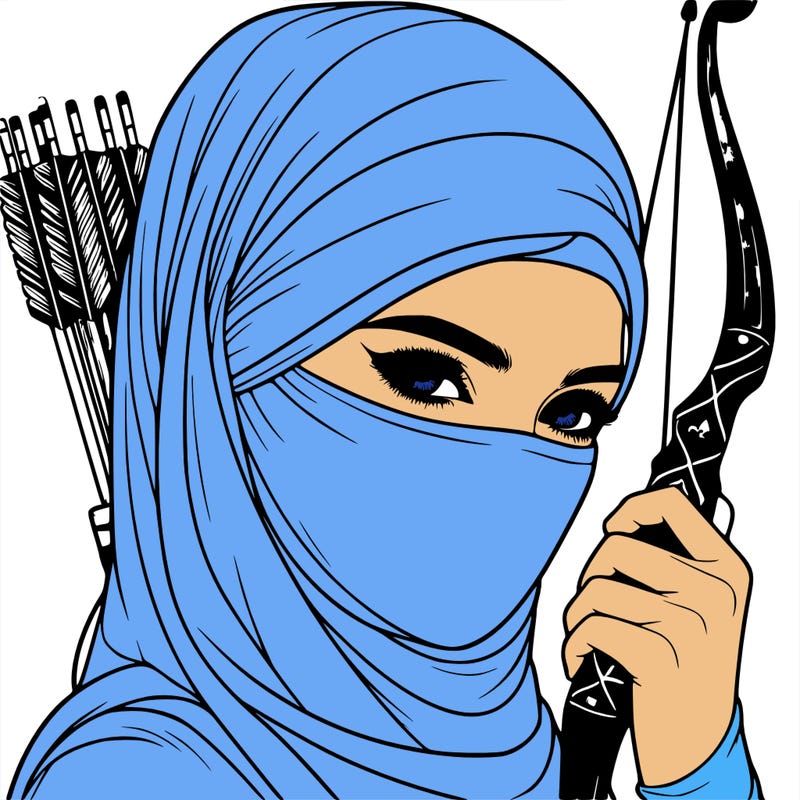realistic muslim woman face covered holding a bow and arrows