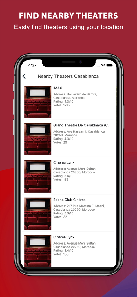 Tea TV Movies & Theater Finder - Tea TV app interface showing a list of nearby movie theaters with ratings and addresses