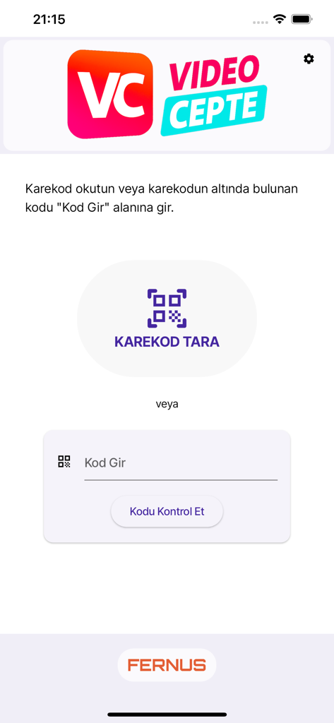 Video Cepte - Video Cepte app home screen with QR code scanning and manual code entry features