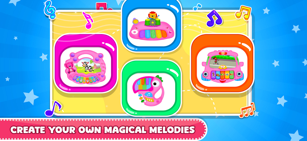 Simple Piano Songs Music Games - A selection screen for kids musical games featuring various pink toy instruments and a lion drummer.