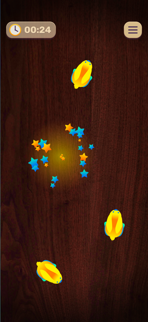 Jolly Dog game interface with yellow creatures and star animations on a wood background