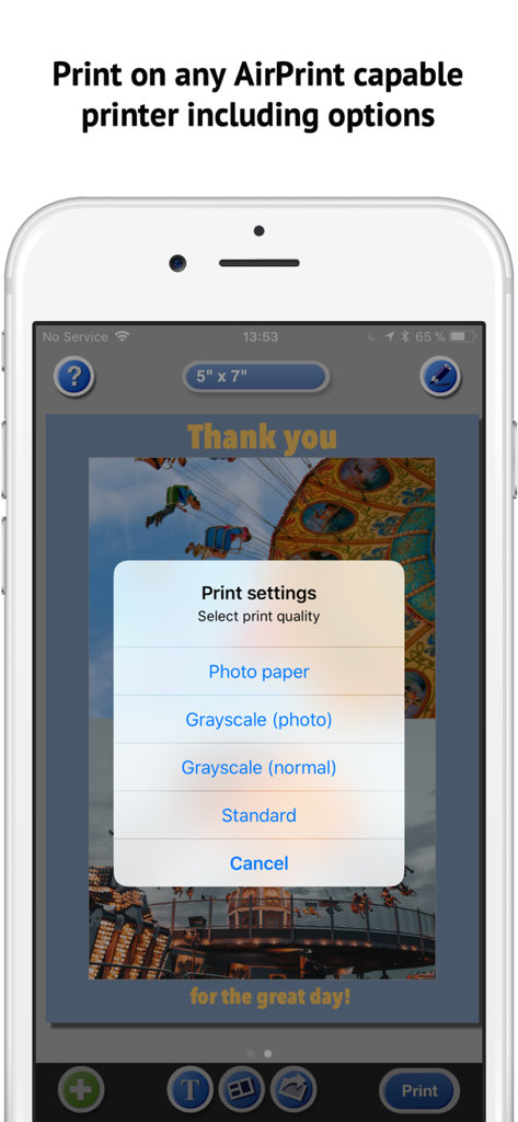 PhotoPrint Pro app interface on iPhone showing AirPrint settings for photo paper and print quality options