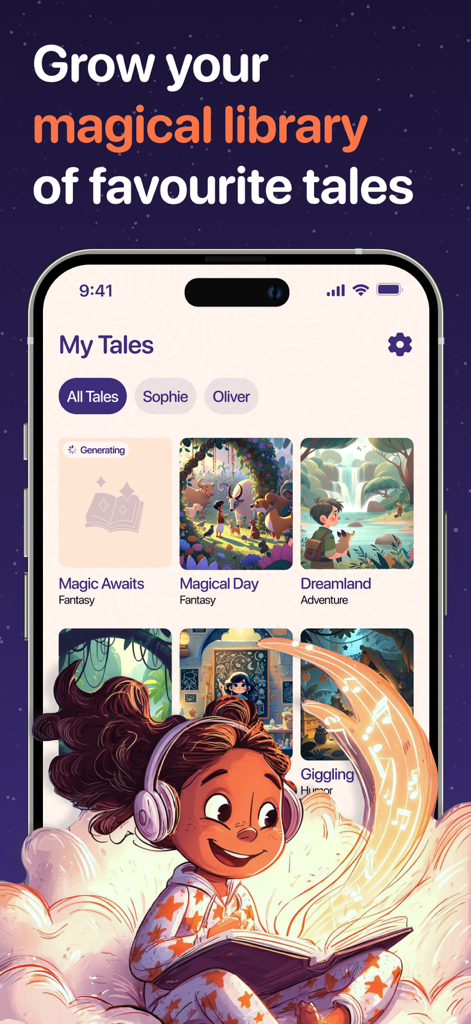 Dreamoria: AI Bedtime Stories - Dreamoria app interface displaying a personalized library of AI bedtime stories for children