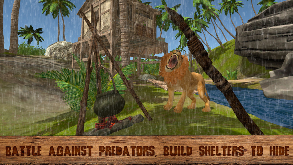 Pirate Island Survival Simulator 3D - Un león rugiendo cerca de una hoguera y un refugio de madera en un entorno de jungla tropical