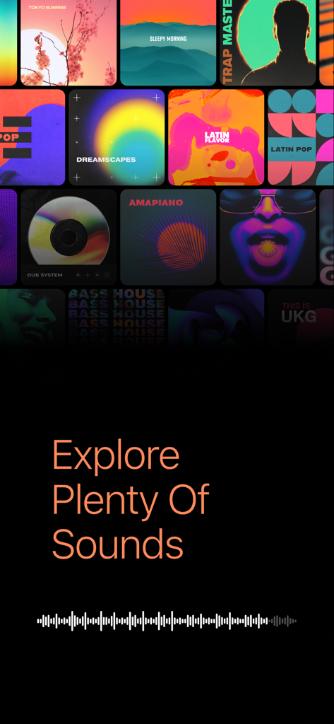A grid of colorful music pack covers with text saying explore plenty of sounds and a white audio waveform at the bottom