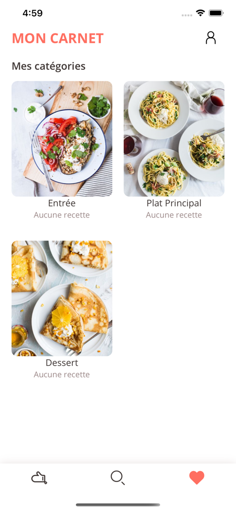 Marmiton app screen showing recipe categories for starters main courses and desserts in the my notebook section