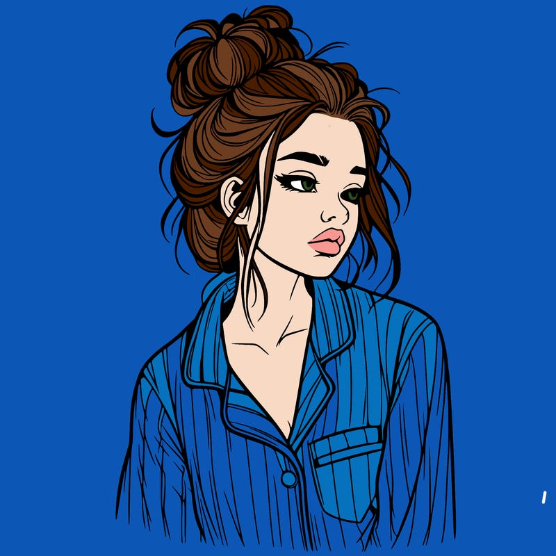 realistic woman with pajamas on and a messy bun