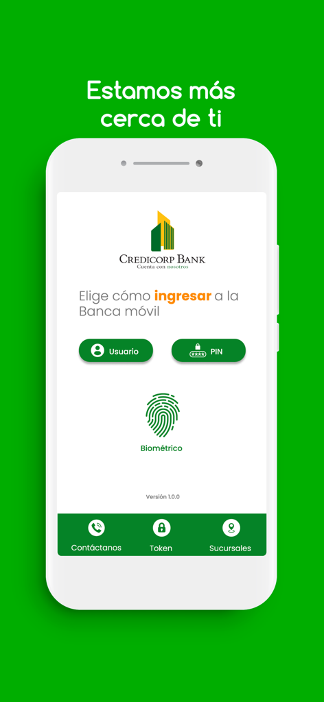 Credicorp Bank mobile app login screen showing user PIN and biometric access options