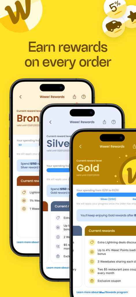 Weee! #1 Asian Grocery App - Tre schermate di smartphone che mostrano i livelli di ricompensa fedeltà Bronzo Argento e Oro nell'app Weee