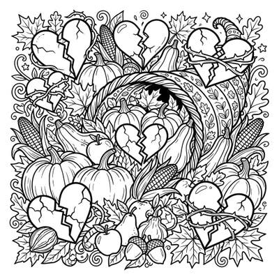 Discover a unique Thanksgiving coloring page blending the bounty of harvest with the delicate imagery of broken hearts. This intricate design offers a reflective and engaging artistic experience for adults and teens.