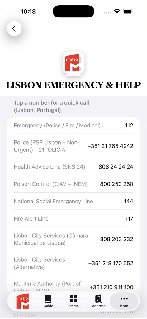 リスボン地下鉄マップアプリの緊急およびヘルプ連絡先リスト。