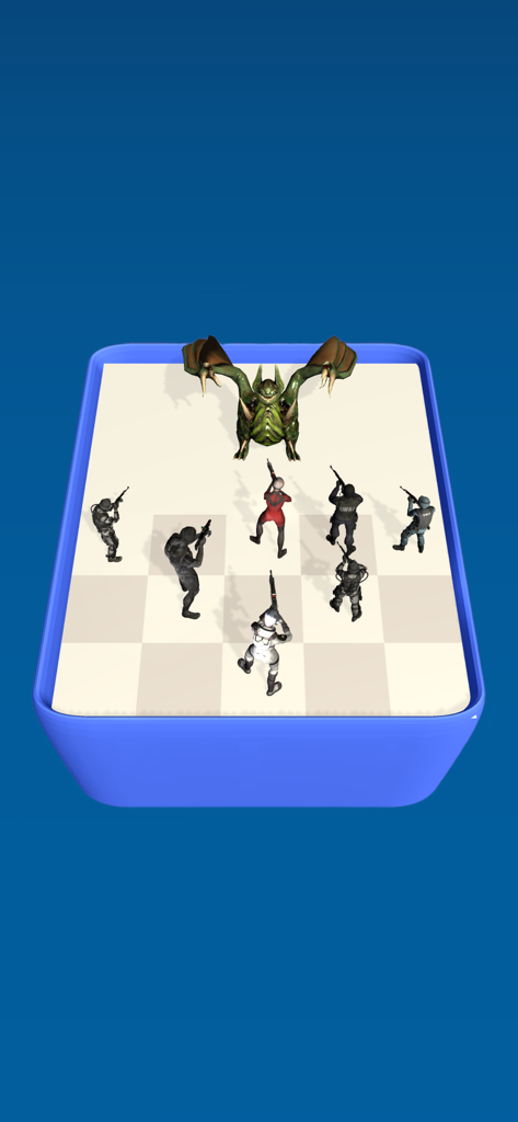 Merge Master: Cosmic Incursion - Soldiers on a grid battlefield facing a giant green monster in Merge Master Cosmic Incursion