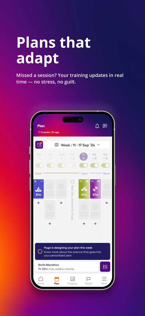 Humango: AI Training Planner - Humango app interface showing a personalized AI training plan with real-time adaptive scheduling for endurance athletes