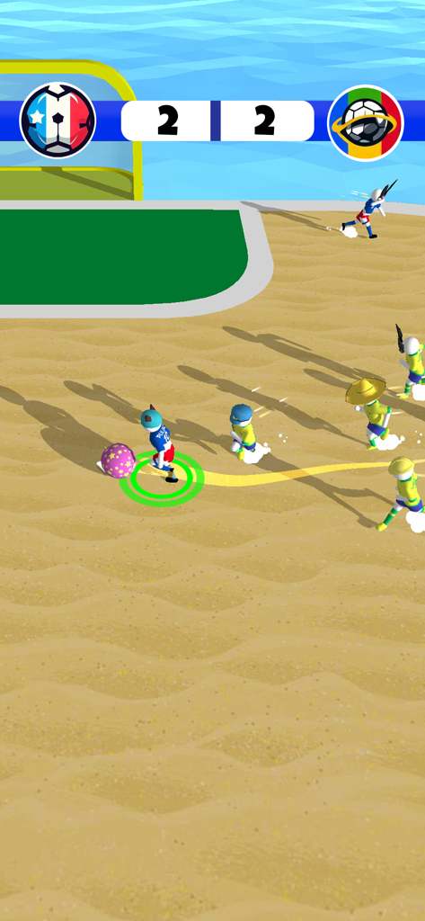 Ball Brawl 3D - Soccer Cup - 3D beach soccer match in Ball Brawl 3D showing players on sand with a purple ball and a 2 to 2 score